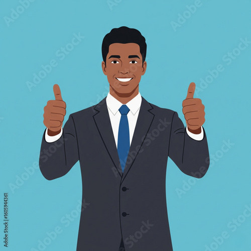 young smiling man in business suit with thumbs up.