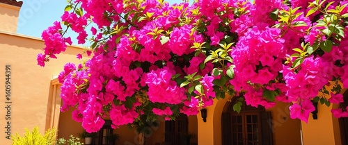 Vibrant bougainvillea cascading over a sun-drenched Portuguese patio,  tile,  vibrant