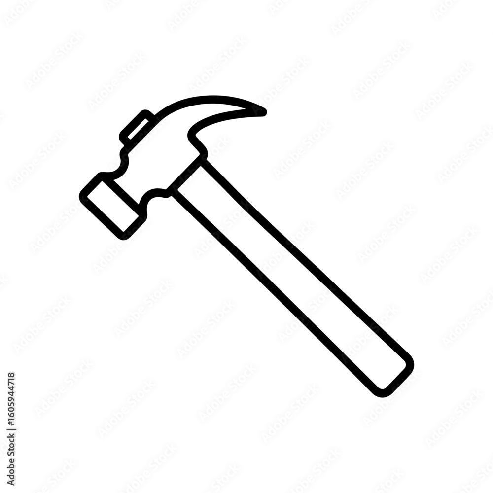 The hammer head and handle are clearly depicted in a minimalist, outline-style illustration. This type of icon or symbol is commonly used to represent tools, construction, or repair-related concepts The hammer head and handle are clearly depicted in a minimalist, outline-style illustration. This type of icon or symbol is commonly used to represent tools, construction, or repair-related concepts