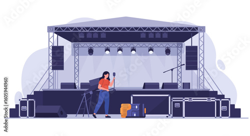 Stage Setup: Woman with Microphone on Concert Stage Equipment and Lighting.