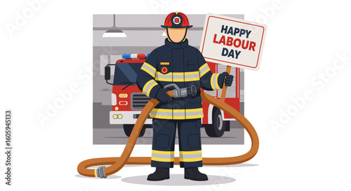 Firefighter Celebrates Labour Day with Hose and Sign in Front of Firetruck.