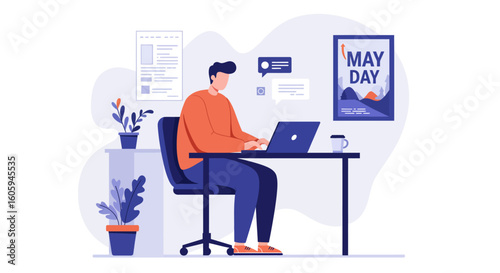 Man Working on Laptop on May Day: Flat Design Illustration.