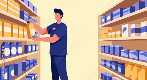 Store Worker Arranging Products on Shelves in a Supermarket Aisle.