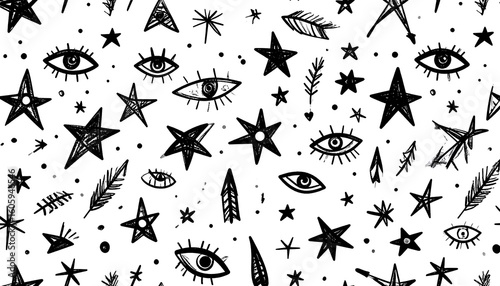 Doodle art stars, eyes, and feathers