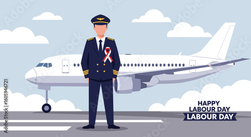 Labour Day Aviation: Pilot with Ribbon and Airplane Illustration.
