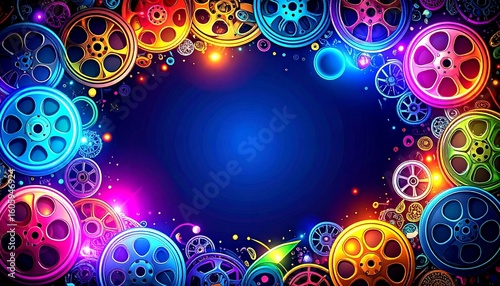 Colorful film reels against a dark blue backdrop
