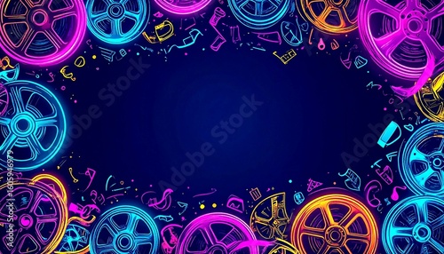Neon movie reels and cinema doodles frame dark
