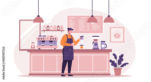 Coffee Shop Scene: Barista Pouring Coffee Modern Minimalist Illustration.