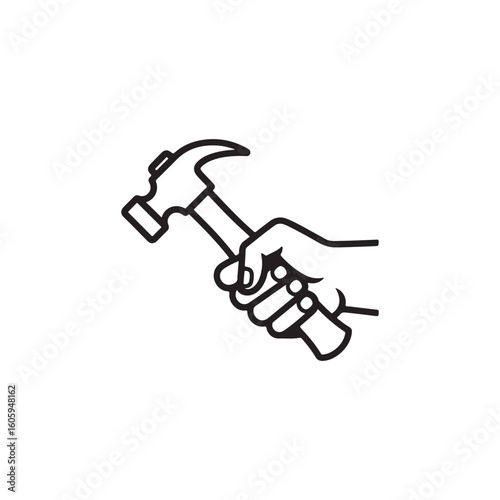 The hammer head and handle are clearly depicted in a minimalist, outline-style illustration. This type of icon or symbol is commonly used to represent tools, construction, or repair-related concepts i