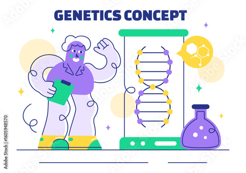 Genetics Vector Illustration featuring Science with DNA Molecule Structure, Research, and Experiment Scientists in a Technological Flat Background