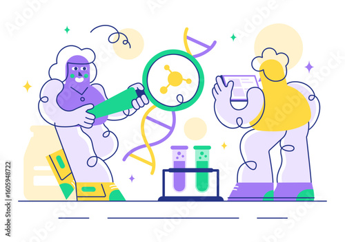 Genetics Vector Illustration featuring Science with DNA Molecule Structure, Research, and Experiment Scientists in a Technological Flat Background