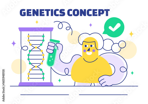 Genetics Vector Illustration featuring Science with DNA Molecule Structure, Research, and Experiment Scientists in a Technological Flat Background