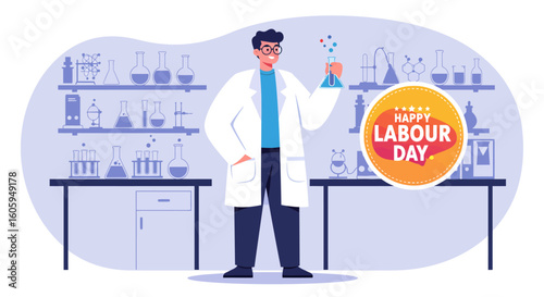 Scientist Celebrating Labour Day in Laboratory with Colorful Chemical Reaction.