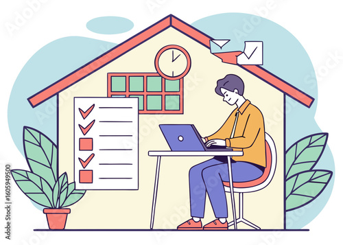 Flat vector illustration of a freelancer working on a laptop in a cozy home setting with a task checklist and remote work concept.

