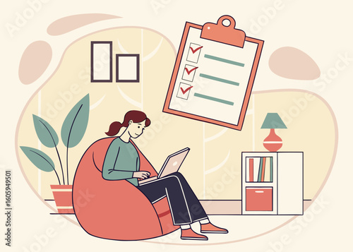 Freelancer working from laptop vector with cozy indoor scene, task checklist, and creative remote job concept




