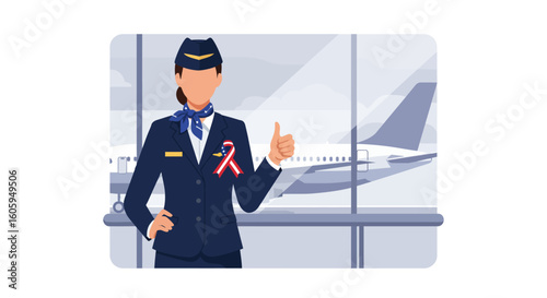 Friendly Air Hostess Poses at Airport Gate Thumbs Up.