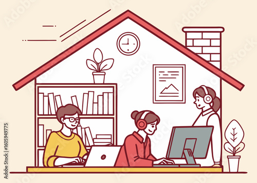 Flat vector of remote tech support team including coder, system administrator, and developer providing online IT help from home.

