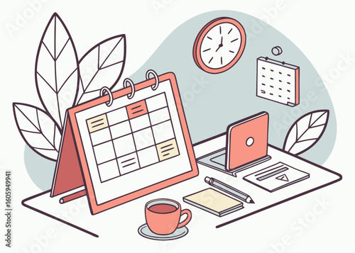 Flat vector illustration of a remote worker’s daily routine with coffee, task board, and organized work-from-home schedule.

