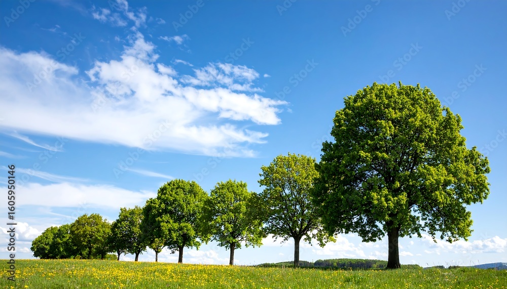 Obraz premium A row of trees in a field under a partly cloudy sky