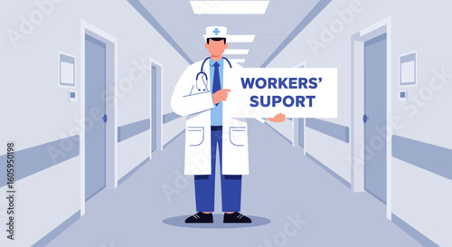 Doctor in Hospital Hallway Holding Workers Support Sign Healthcare Illustration.