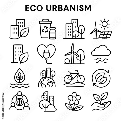  Outline icon set of eco urbanism and green city planning concepts