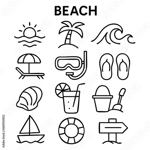 Editable stroke beach and vacation line icon set with summer elements