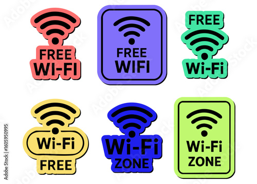 Vibrant icon set of free Wi-Fi signs and signal labels for modern use