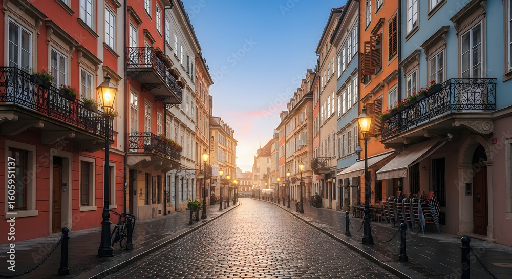 Fototapeta premium A charming, narrow European cobblestone street lined with colorful historic buildings and illuminated streetlights at dawn. Perfect for travel, urban, or architectural themes.