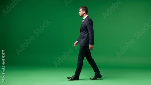 Professional Businessman Walking on Green Screen Background, Business Concepts for Presentations, Corporate Videos or Advertising. Footage of