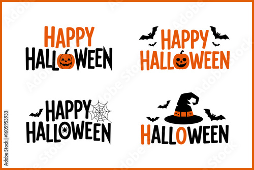 Halloween typographic design with pumpkin witch hat and spider web, printable card poster tshirt sticker vector illustration pack