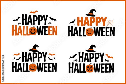 Halloween typographic design with pumpkin witch hat and bat, printable card poster tshirt sticker vector illustration collection