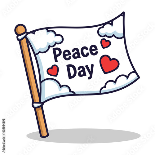 Symbol of global harmony: Peace Day flag with hearts and clouds illustration icon vector