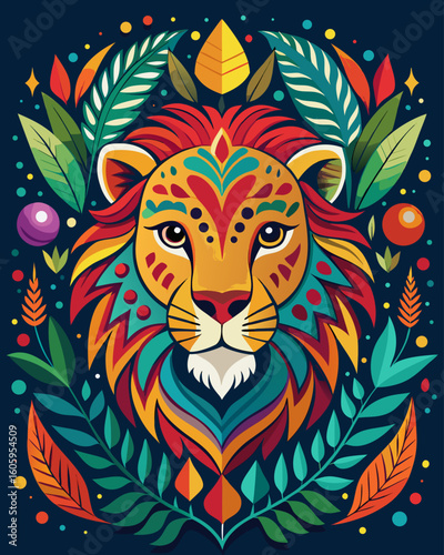 Vibrant lion artwork with colorful leaves and decorative elements for majestic designs and creative projects