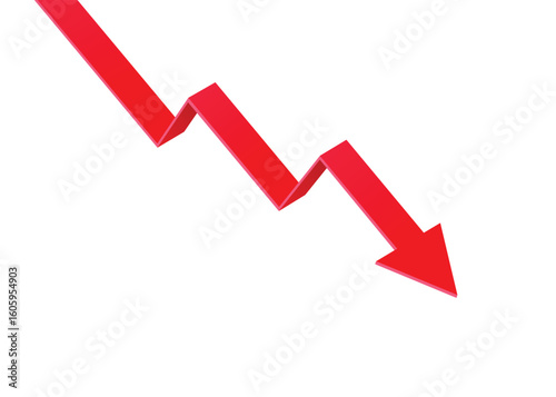 3D red arrow pointing down, symbolizing recession, market decline, trading loss, and discount. Transparent background