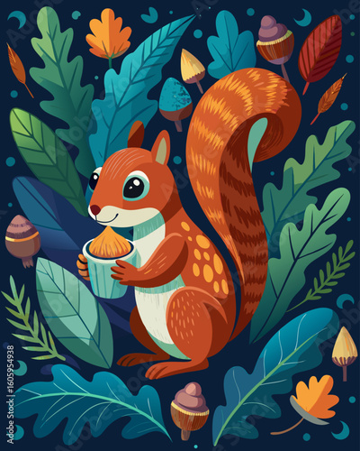 Charming woodland squirrel holding a treat amidst whimsical foliage and acorns, perfect for fall designs