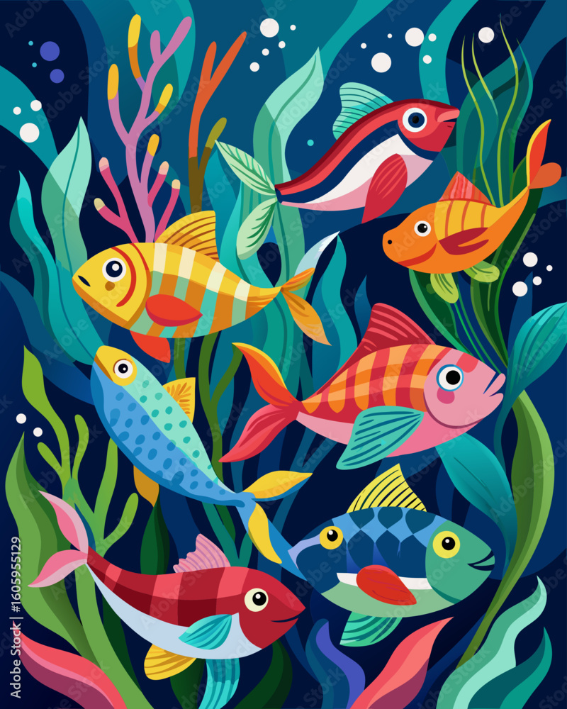 Naklejka premium Cheerful colorful fish swimming together in the deep ocean, underwater marine life and beautiful sea plants