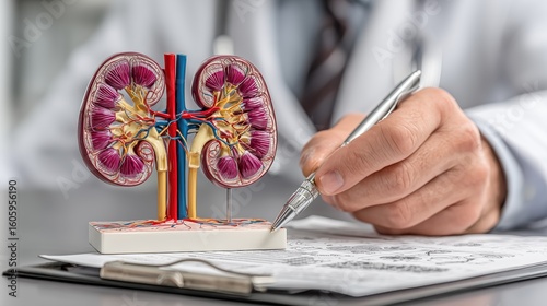 Medical Professional Examining Detailed Kidney Model