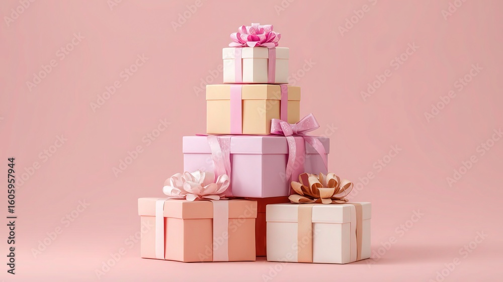 Fototapeta premium Elegant Stacked Gift Box Tower with Ribbons & Bows for Holiday & Wedding Celebration (Light Pink Background)