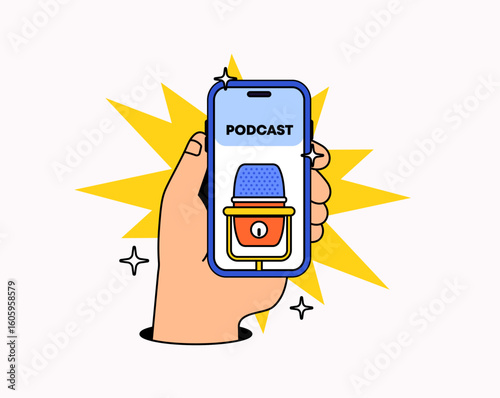 hand holding a smartphone displaying a podcast app with a microphone icon cartoon illustration hand drawn vector for online streaming, audio broadcasting,