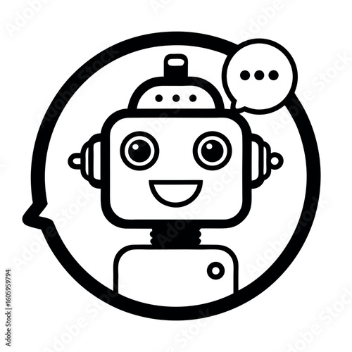Vector art of a friendly robot chatbot with a speech bubble