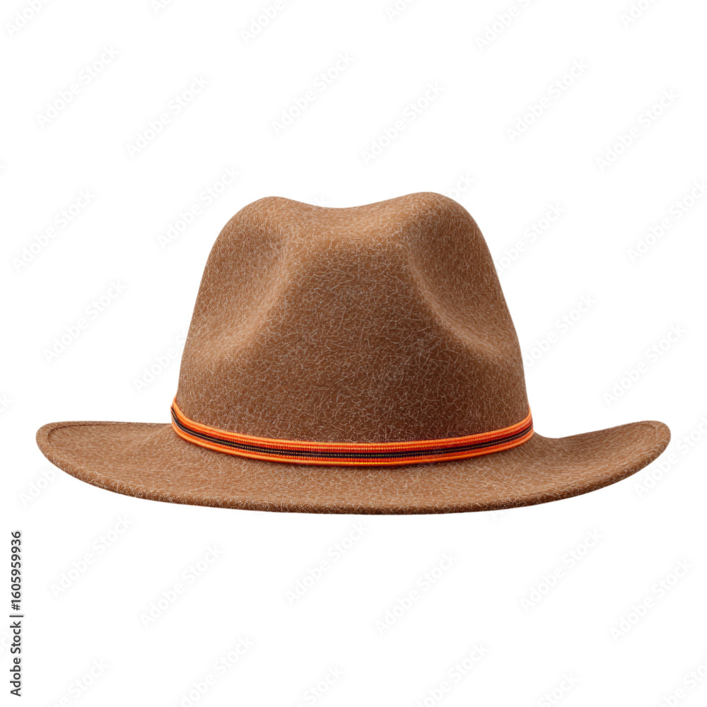 Brown Felt Cowboy Hat with Orange Band on Display Brown Felt Cowboy Hat with Orange Band on Display
