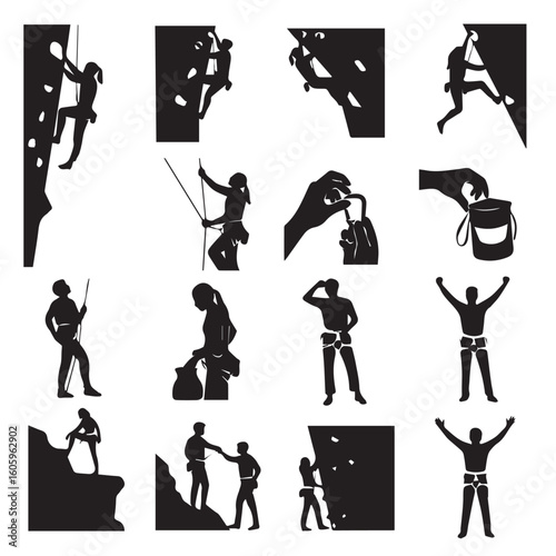Dynamic silhouettes of rock climbers showing strength, skill, and adventure potential