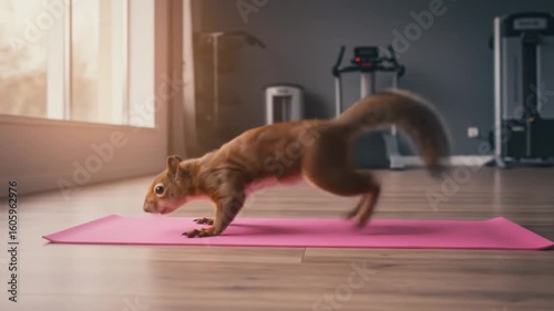 Squirrel Yoga Session: A playful squirrel showcases impressive yoga form on a pink mat in a modern fitness area, embodying the fun of fitness and the spirit of well-being. 