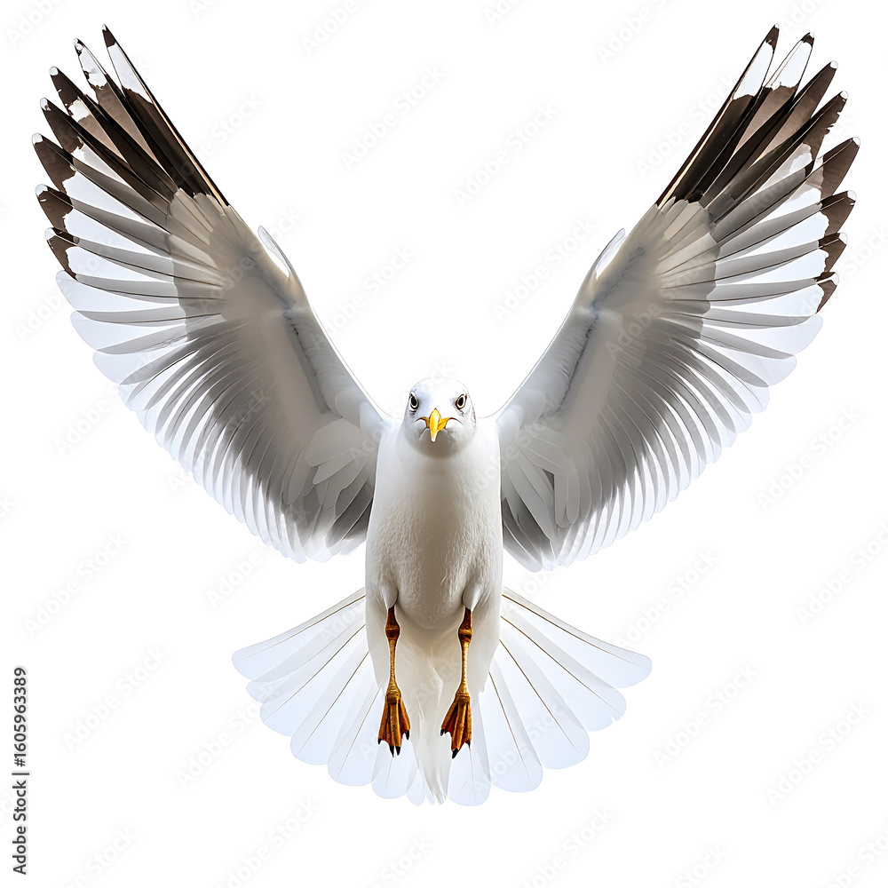 Obraz premium Soaring Seagull in Flight: A magnificent seagull, with outstretched wings, captured in a stunning display of avian grace, soaring against the expanse.