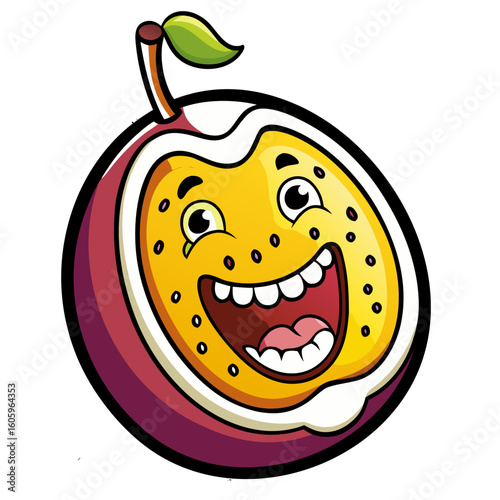 Vector Cartoon passion fruit cut open with smile and seeds showing