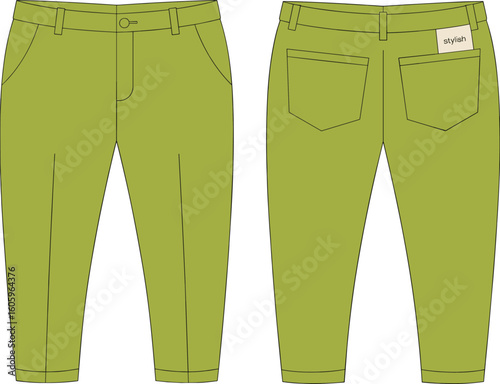 Flat vector illustration of green tapered pants with back patch pockets, button closure, belt loops, front and rear technical CAD sketch