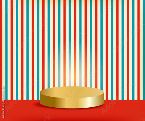 Circus background with vertical red blue beige stripes, red bottom stage and gold platform podium. Perfect for invitation or banner. Vector illustration with empty space