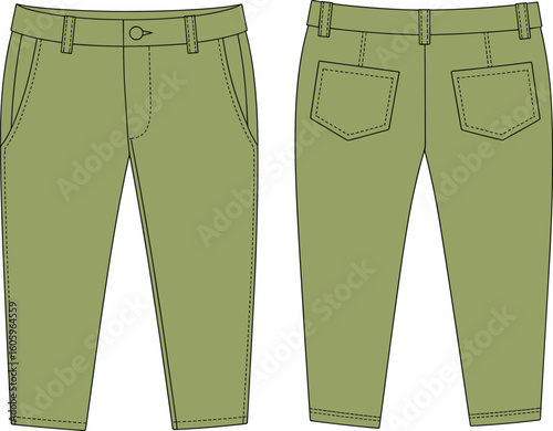 Flat vector illustration of slim-fit casual pants, women’s olive green trousers, front and back technical drawing, stylish pocketed design