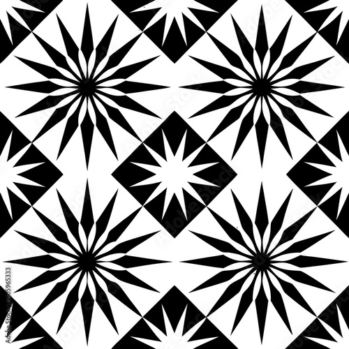 Vector seamless black pattern composed of repeating starbursts, diamonds, and wave-like lines for modern abstract backgrounds and textile design (3)