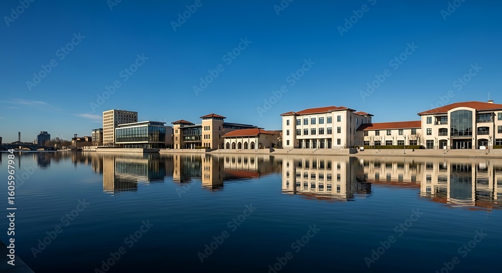 Obraz premium Buildings reflected in a calm body of water under a clear blue sky.